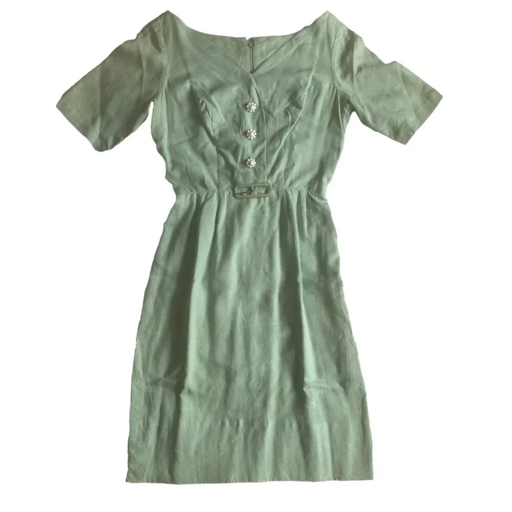 VINTAGE 1950s Josie Shield Mint Green‎ Shantung Fit & Flare Dress Midcentury S - Picture 15 of 15